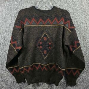 Chia Geometric Pattern Sweater Leather Patch Brown Red‎ Acrylic - Mens Medium